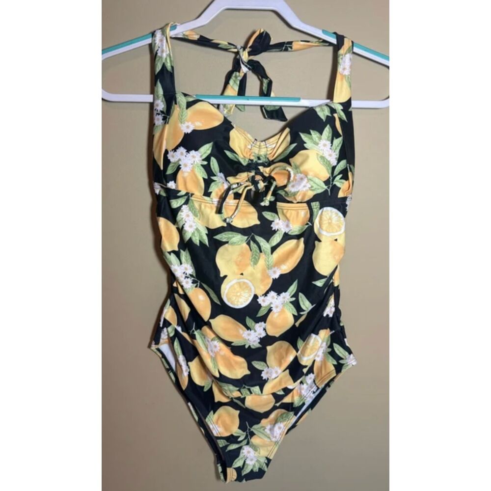 Lemon Maternity Yellow Black One Piece Halter Swimsuit Women's M 1086